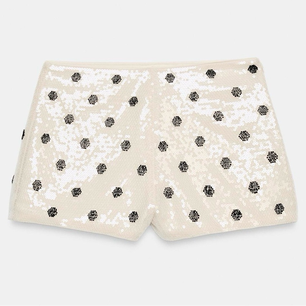 Zara Cream Sequin High-Waist Shorts with Black Polka Dots - WORN ONLY ONCE